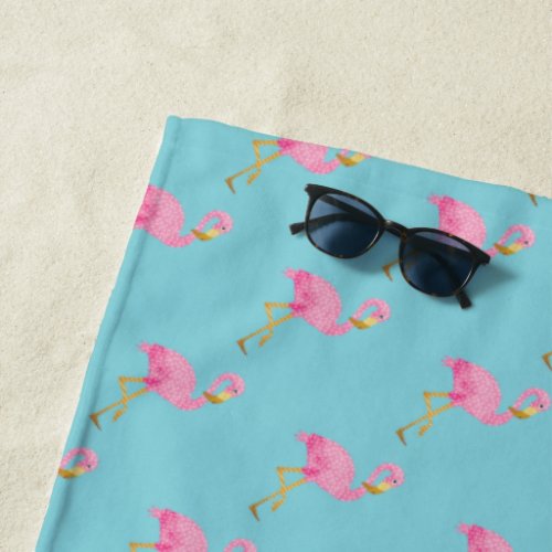 Watercolor Pink Polka Dot Flamingo Beach Towel