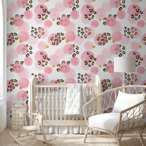 Watercolor Pink Polka Dots Leopard Print Nursery Wallpaper