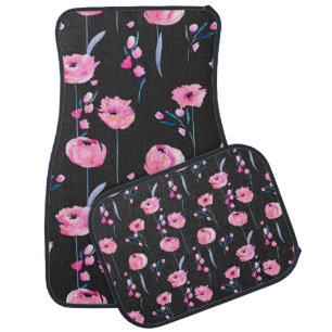 Watercolor pink poppies and floral branches seamle car floor mat