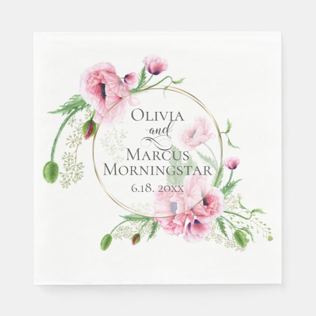 Watercolor Pink Poppies and Foliage Napkins (Front)