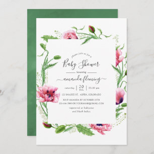 Watercolor Pink Poppies Baby Shower Invitation