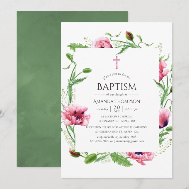 Watercolor Pink Poppies Baptism Invitation (Front/Back)