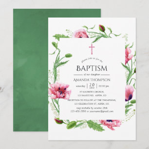 Watercolor Pink Poppies Baptism Invitation