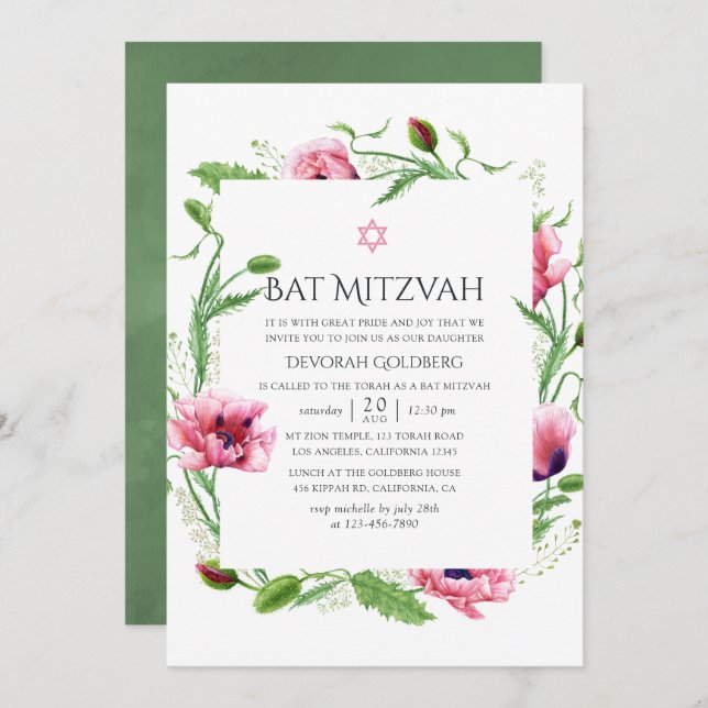 Watercolor Pink Poppies Bat Mitzvah Invitation (Front/Back)