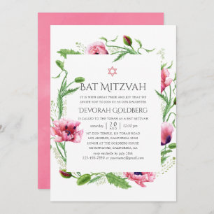 Watercolor Pink Poppies Bat Mitzvah Invitation