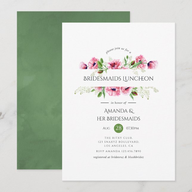Watercolor Pink Poppies Bridesmaids Luncheon Invitation (Front/Back)