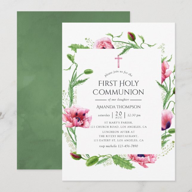 Watercolor Pink Poppies First Holy Communion Invitation (Front/Back)