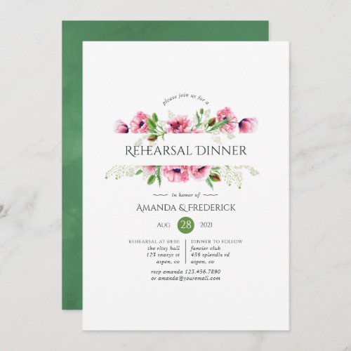 Watercolor Pink Poppies Rehearsal Dinner Invitation