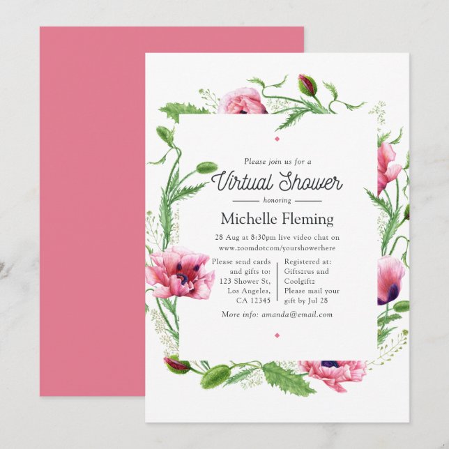 Watercolor Pink Poppies Virtual Shower Invitation (Front/Back)