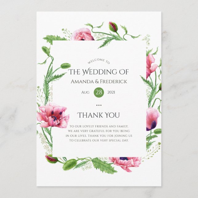 Watercolor Pink Poppies Wedding Program (Front)