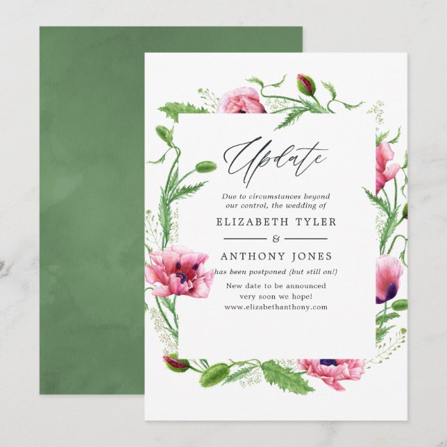 Watercolor Pink Poppies Wedding Update Invitation (Front/Back)