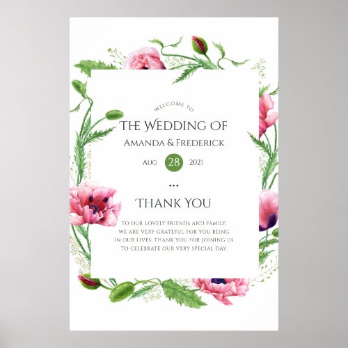 Watercolor Pink Poppies Wedding Welcome Poster