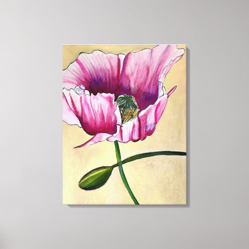 Watercolor pink poppy art flower canvas print