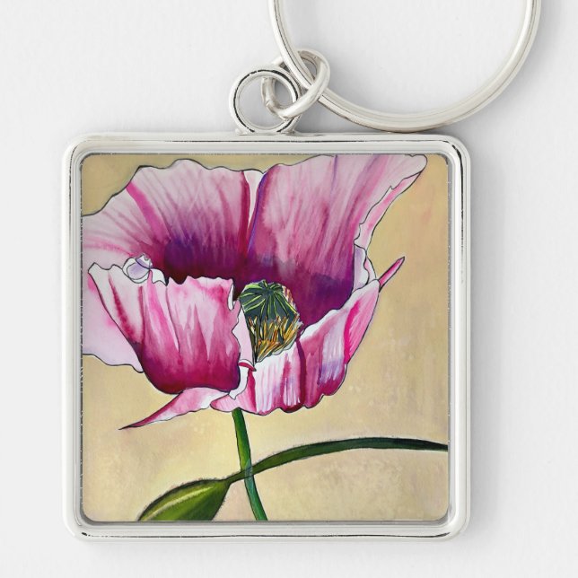 Watercolor pink poppy art flower keychain (Front)