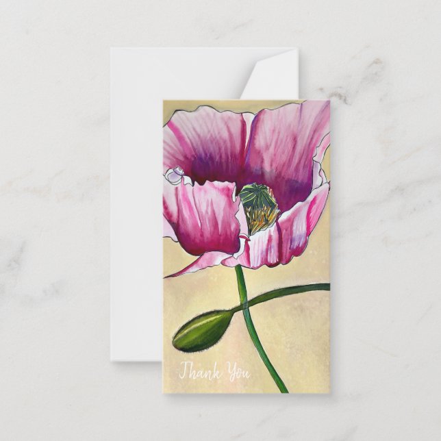 Watercolor pink poppy art flower note card (Front)