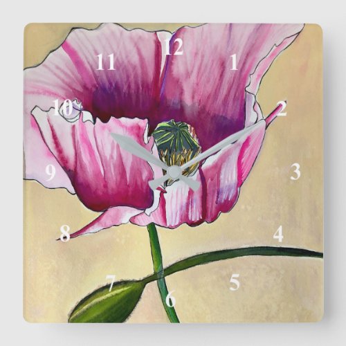 Watercolor pink poppy art flower square wall clock