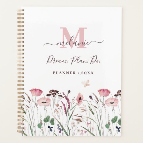 Watercolor Pink Poppy Custom Name Monogram Planner