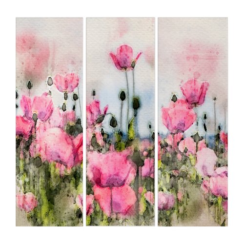 Watercolor Pink Poppy Flower Painting Triptych