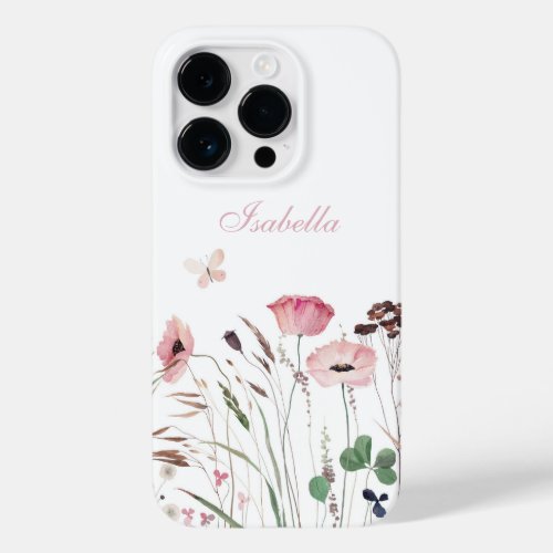 Watercolor Pink Poppy Meadow Custom Name Case_Mate iPhone 14 Pro Case