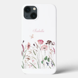 Watercolor Pink Poppy Meadow Custom Name iPhone 13 Case