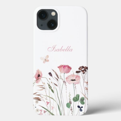 Watercolor Pink Poppy Meadow Custom Name iPhone 13 Case