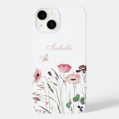 Watercolor Pink Poppy Meadow Custom Name Case_Mate iPhone 14 Case