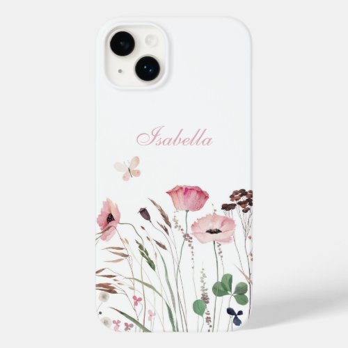Watercolor Pink Poppy Meadow Custom Name Case_Mate iPhone 14 Plus Case