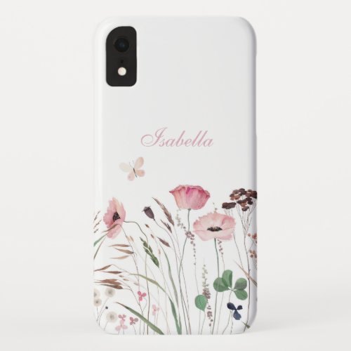 Watercolor Pink Poppy Meadow Custom Name iPhone XR Case
