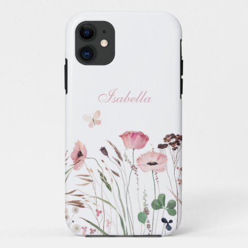 Watercolor Pink Poppy Meadow Custom Name iPhone 11 Case