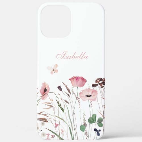 Watercolor Pink Poppy Meadow Custom Name iPhone 12 Pro Max Case