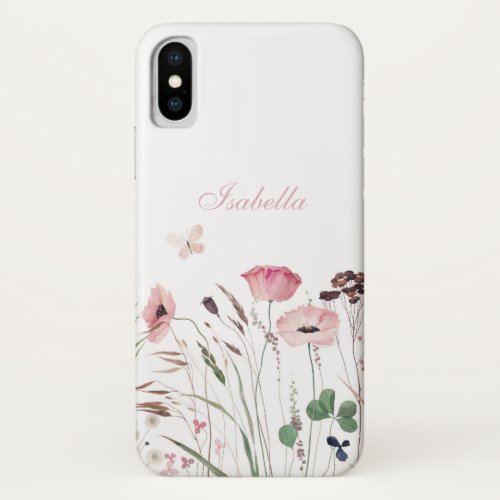 Watercolor Pink Poppy Meadow Custom Name iPhone X Case