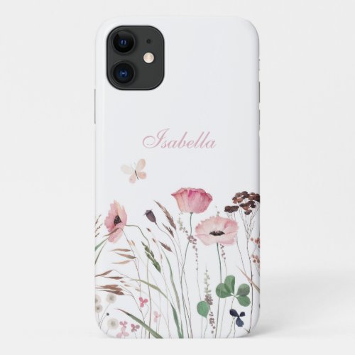Watercolor Pink Poppy Meadow Custom Name iPhone 11 Case