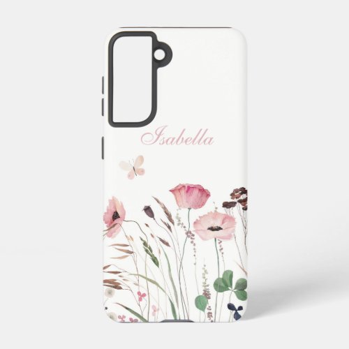 Watercolor Pink Poppy Meadow Custom Name Samsung Galaxy S21 Case