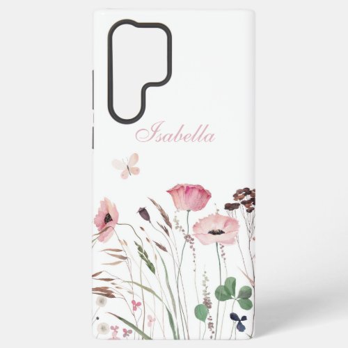 Watercolor Pink Poppy Meadow Custom Name Samsung Galaxy S22 Ultra Case