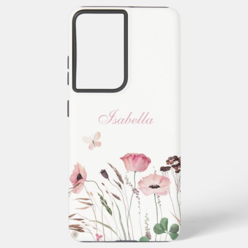 Watercolor Pink Poppy Meadow Custom Name Samsung Galaxy S21 Ultra Case