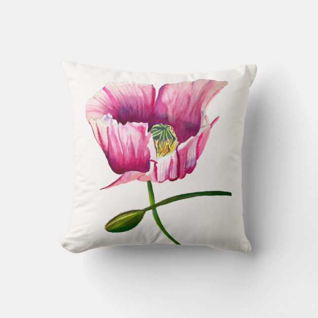 Watercolor pink poppy pretty flower throw pillow (Front)
