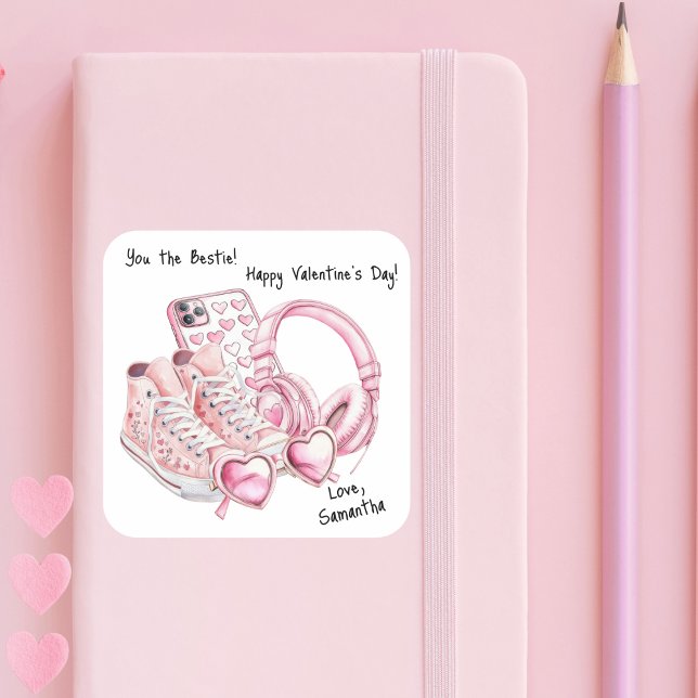 Watercolor Pink Preppy Teen Girl Valentine's Day Square Sticker (Creator Uploaded)