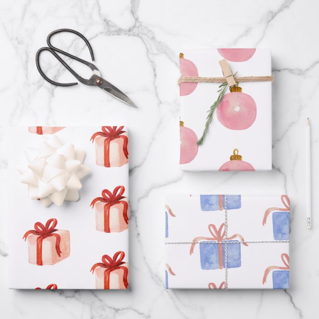 Watercolor Pink Presents & Ornaments Wrapping Paper Sheets (Front)