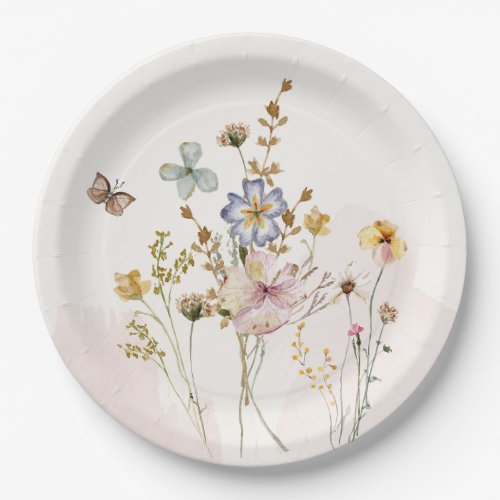 Watercolor Pink pressed  dried Wildflowers Paper Plates