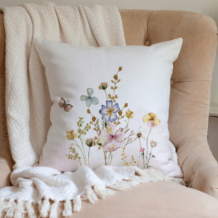 Watercolor Pink pressed & dried Wildflowers Throw Pillow