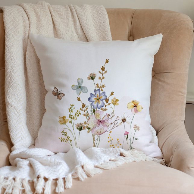 Watercolor Pink pressed & dried Wildflowers Throw Pillow (Creator Uploaded)