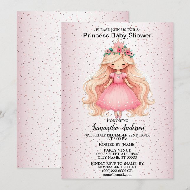 Watercolor Pink Princess Baby Shower Party Invitation (Front/Back)