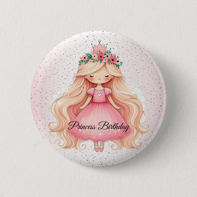 Watercolor Pink Princess Birthday Party Cute Button (Front)