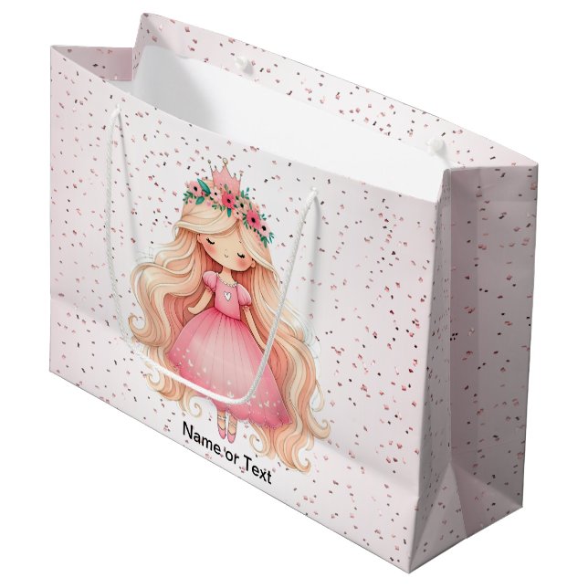 Watercolor Pink Princess Birthday Party Cute Large Gift Bag (Front Angled)