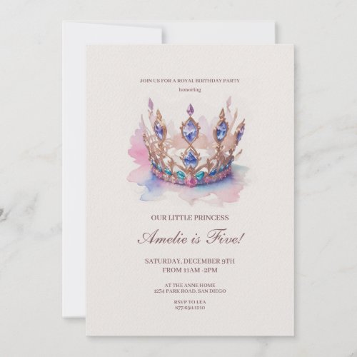 Watercolor Pink Princess Crown Fairytale Birthday Invitation