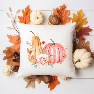 Watercolor Pink Pumpkin and Autumn Flowers  Throw Pillow