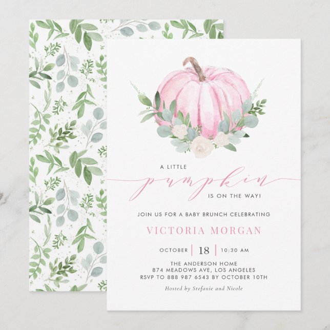 Watercolor Pink Pumpkin Autumn Baby Brunch Invitation (Front/Back)