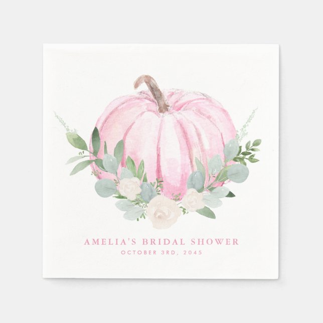 Watercolor Pink Pumpkin Autumn Bridal Shower Napkins (Front)