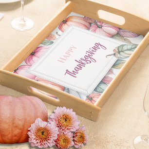 Watercolor Pink Pumpkin & Autumn Leaf Frame Serving Tray