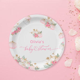 Watercolor Pink Pumpkin Cute Baby Shower Paper Plates